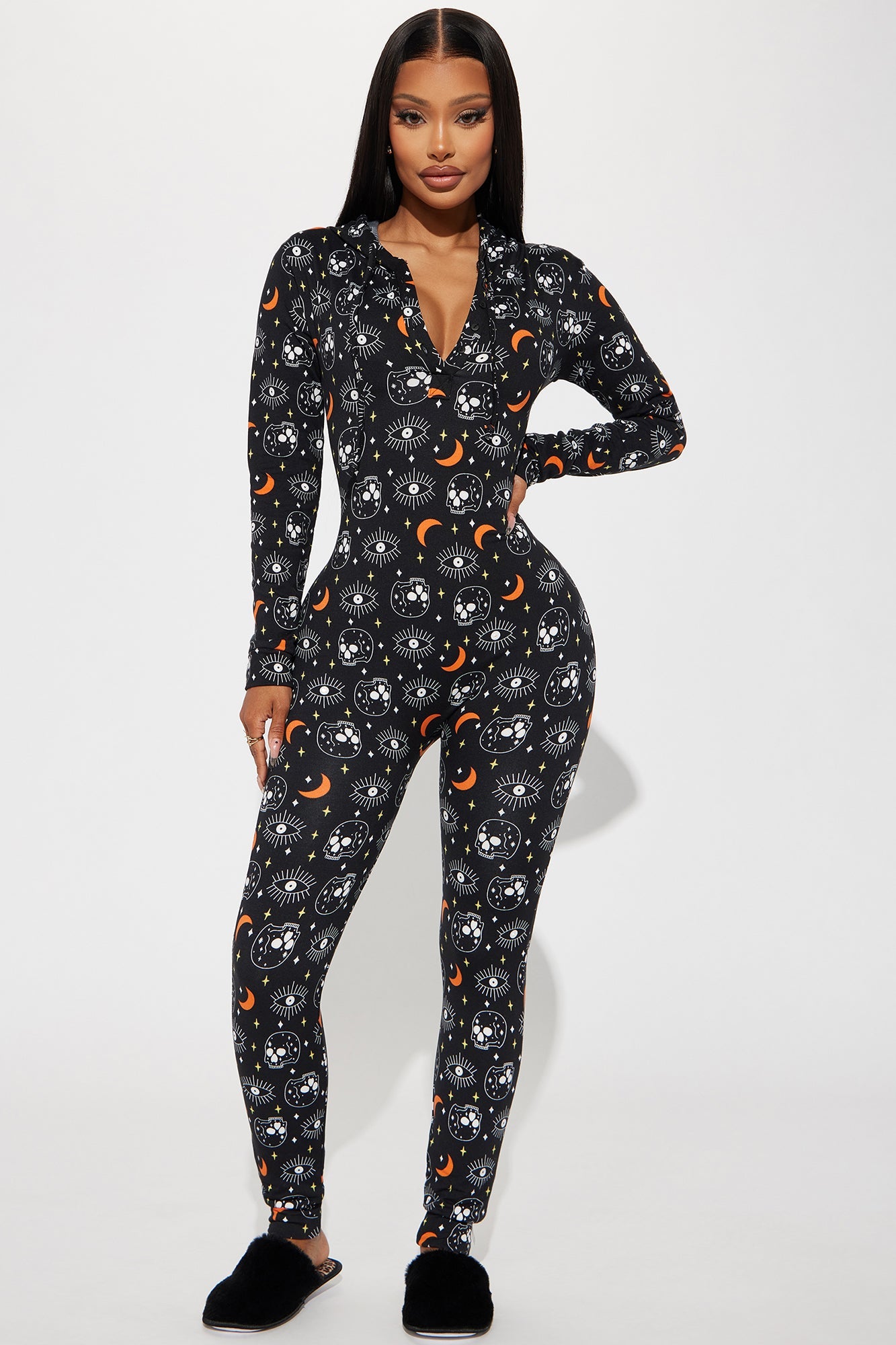 Under Your Spell Fleece PJ Jumpsuit Onesie - Black/combo