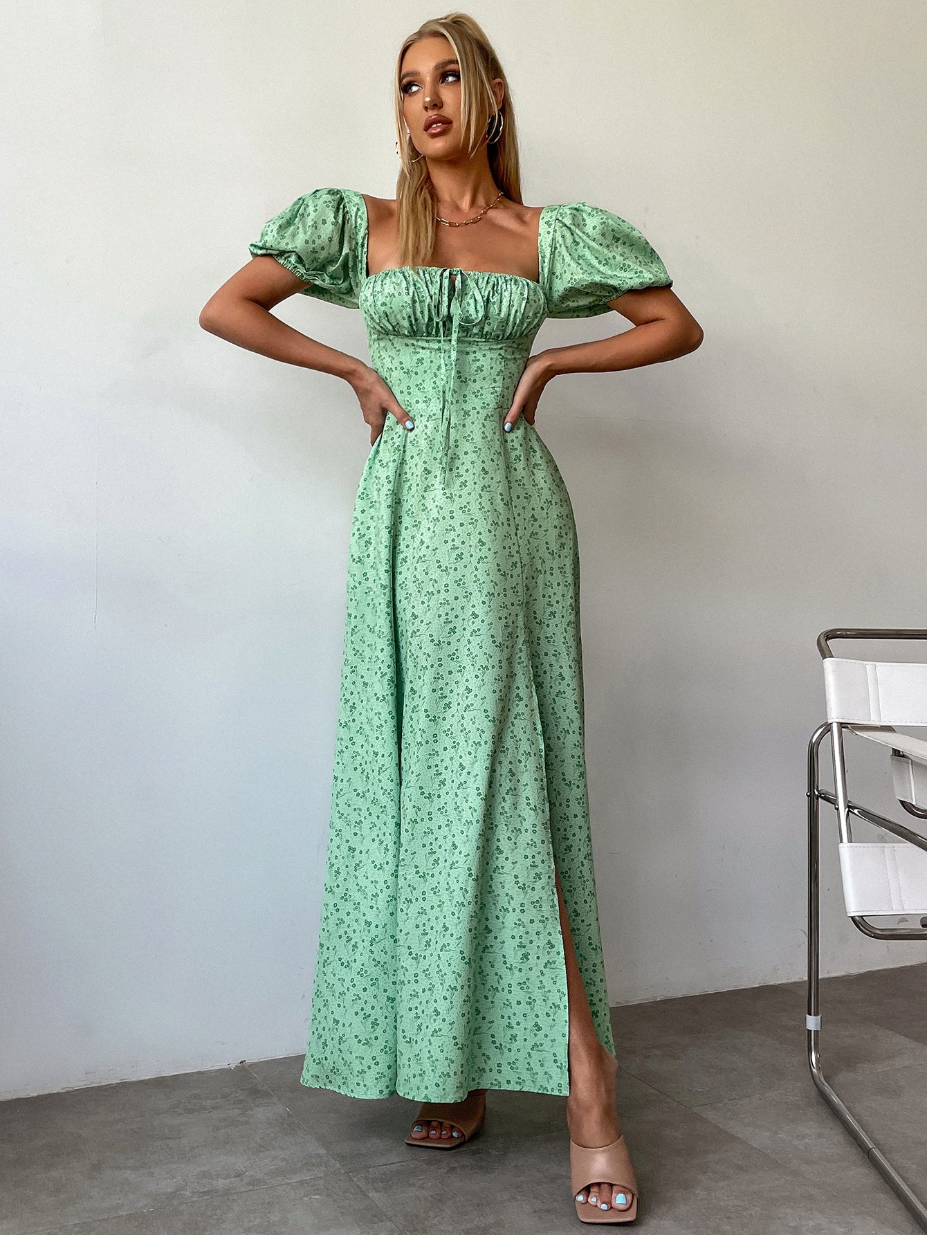 Green Dream Ditsy Floral Puff Sleeve High Split Maxi Dress