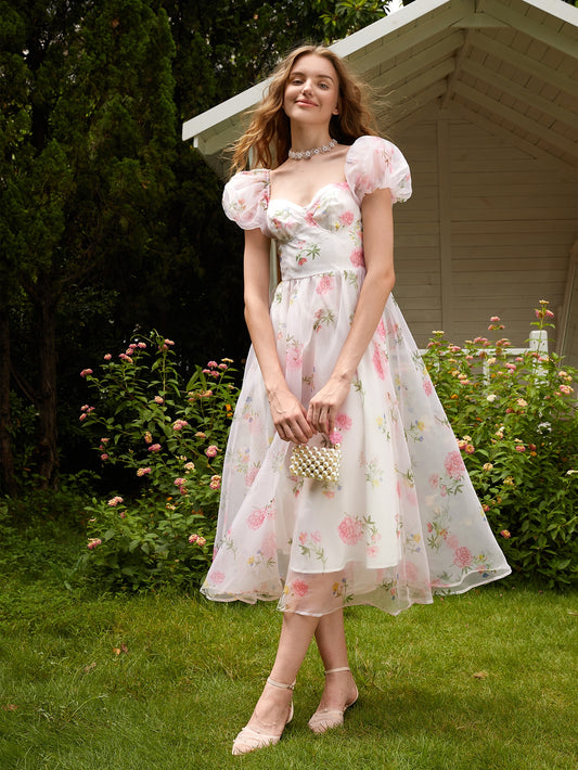 Francesca Galore Floral Print Puff Sleeve Dress Tea Party Attire