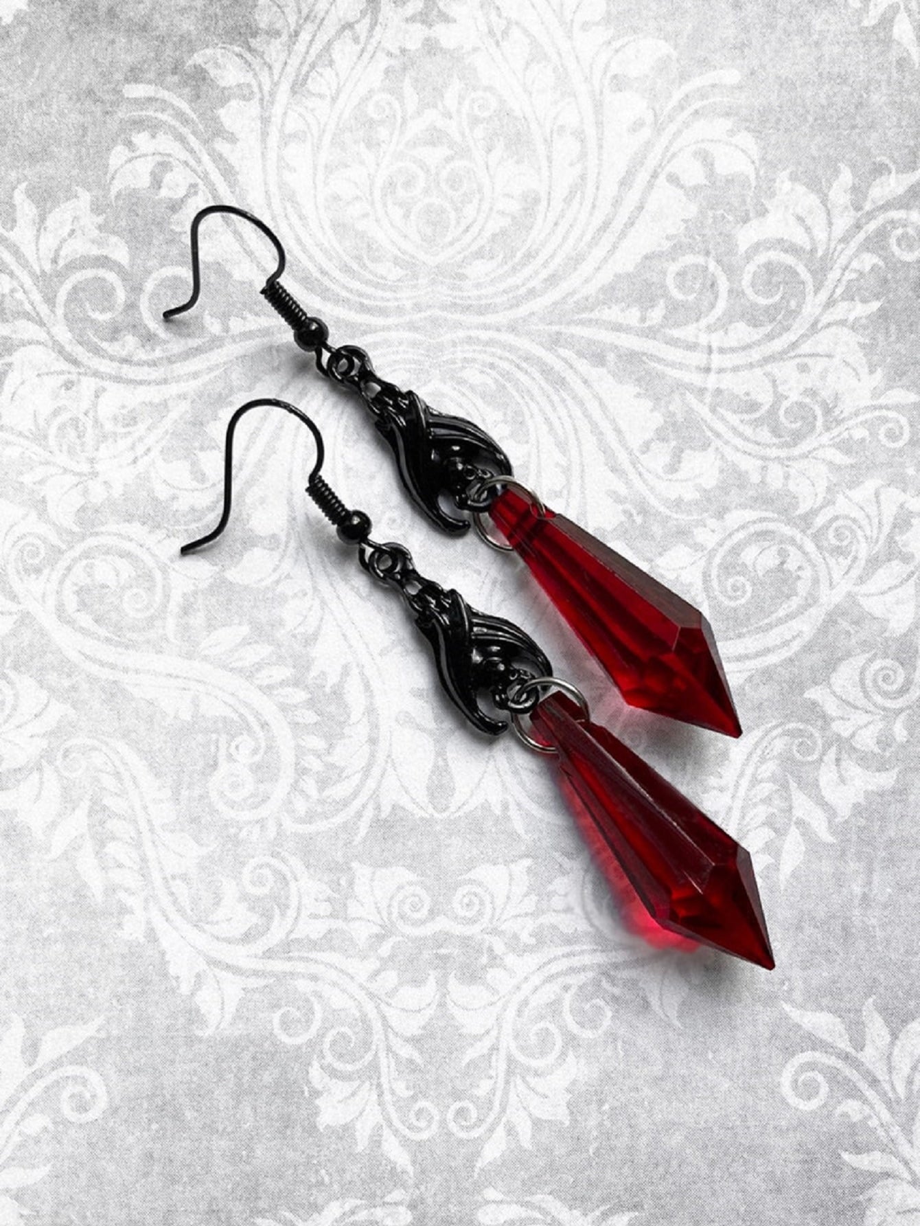 Gothic Style Dark Gemstone Pendant & Bat Charm Earrings