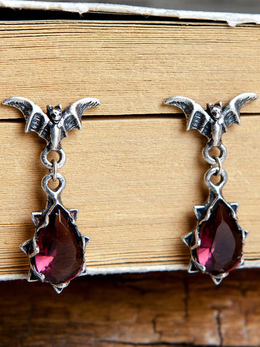 Gothic Bat & Rhinestone Water Drop Earrings