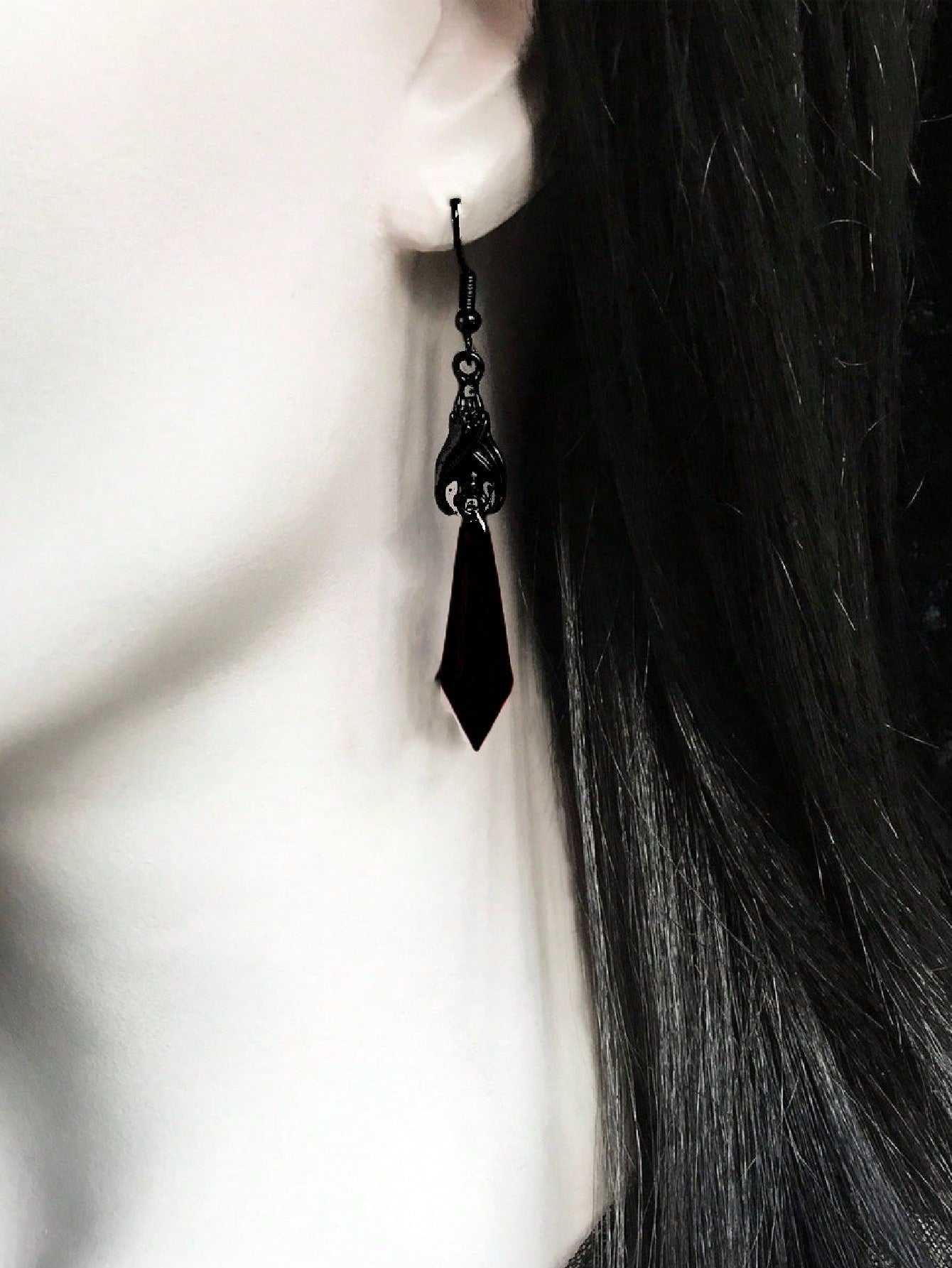 Gothic Style Dark Gemstone Pendant & Bat Charm Earrings