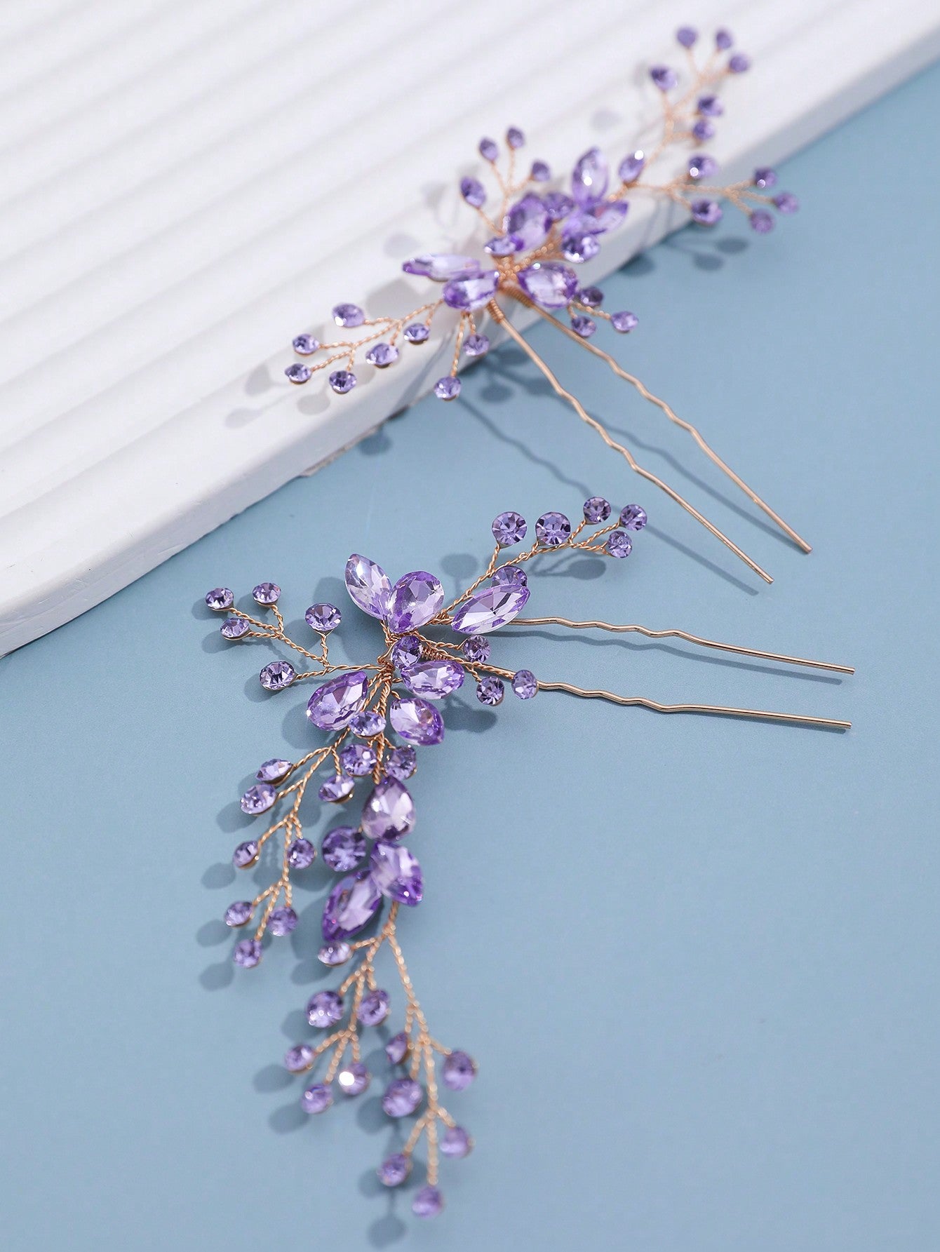 3pcs/Set Women's Light Purple Rhinestone & Crystal Flower & Leaf Decor Bridal Hair Comb