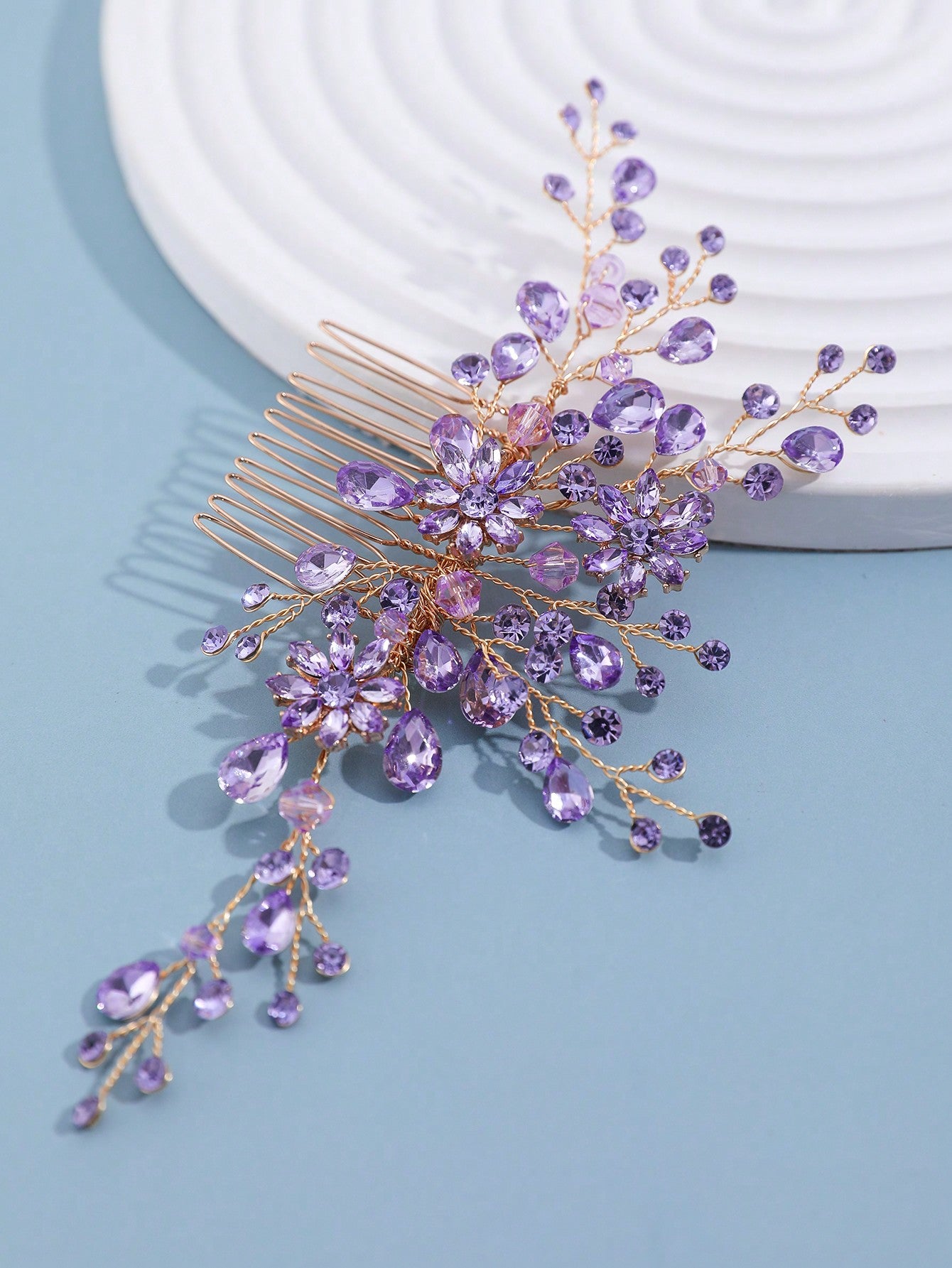 3pcs/Set Women's Light Purple Rhinestone & Crystal Flower & Leaf Decor Bridal Hair Comb