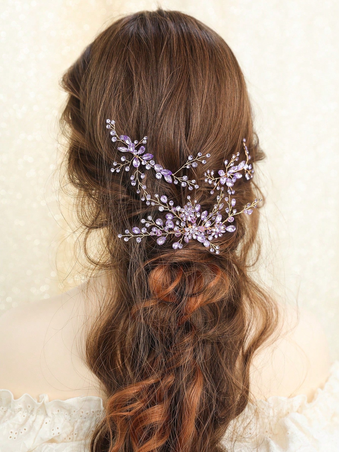 3pcs/Set Women's Light Purple Rhinestone & Crystal Flower & Leaf Decor Bridal Hair Comb