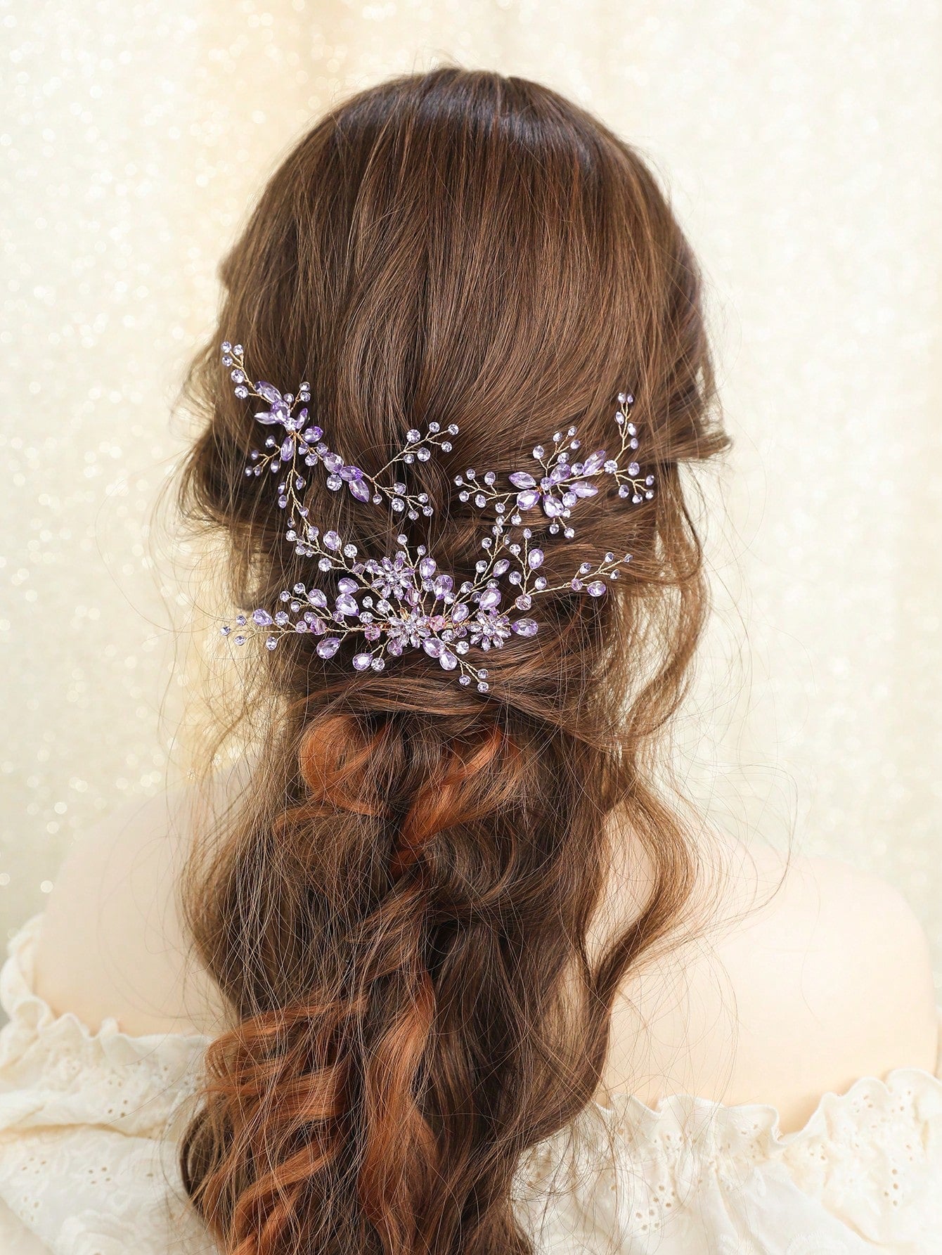 3pcs/Set Women's Light Purple Rhinestone & Crystal Flower & Leaf Decor Bridal Hair Comb