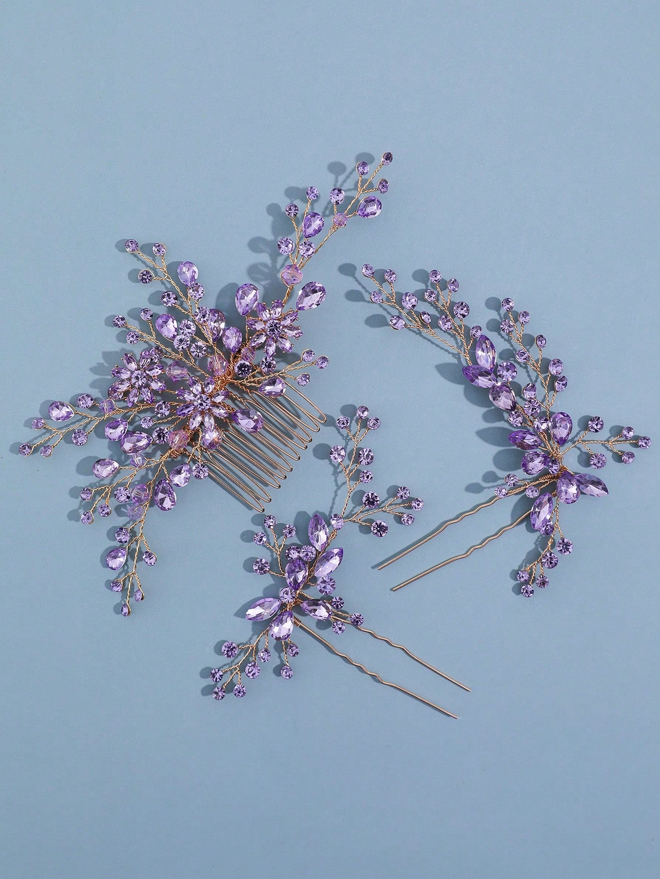 3pcs/Set Women's Light Purple Rhinestone & Crystal Flower & Leaf Decor Bridal Hair Comb