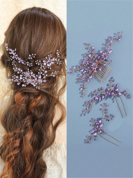 3pcs/Set Women's Light Purple Rhinestone & Crystal Flower & Leaf Decor Bridal Hair Comb