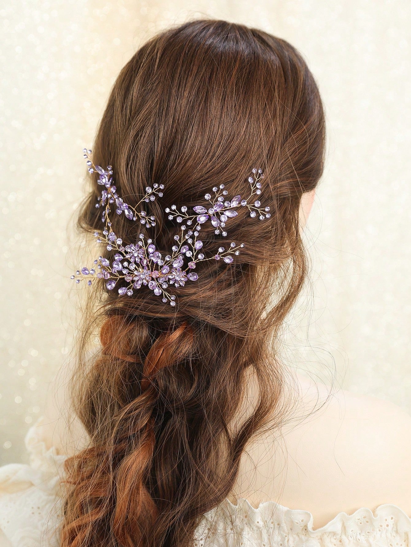 3pcs/Set Women's Light Purple Rhinestone & Crystal Flower & Leaf Decor Bridal Hair Comb