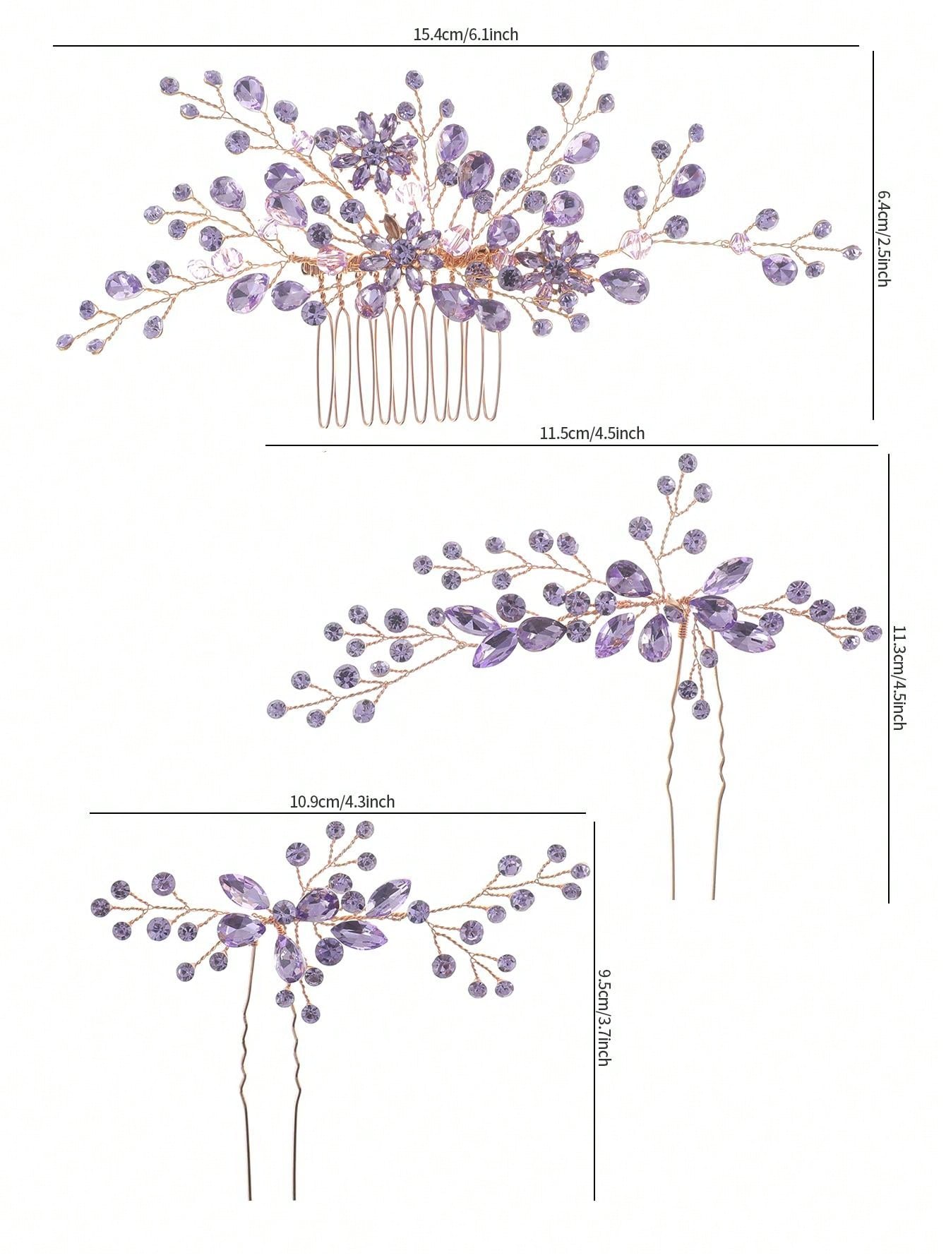 3pcs/Set Women's Light Purple Rhinestone & Crystal Flower & Leaf Decor Bridal Hair Comb