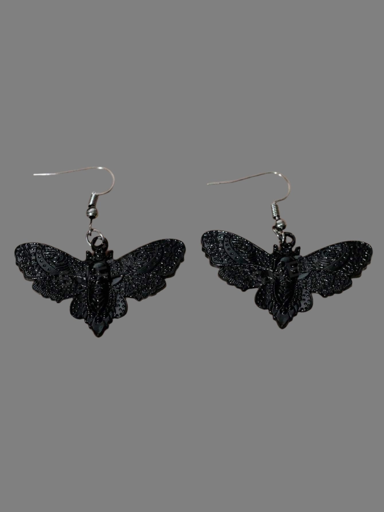 Vintage Gothic Black Moth & Skull Head Pendant Earrings