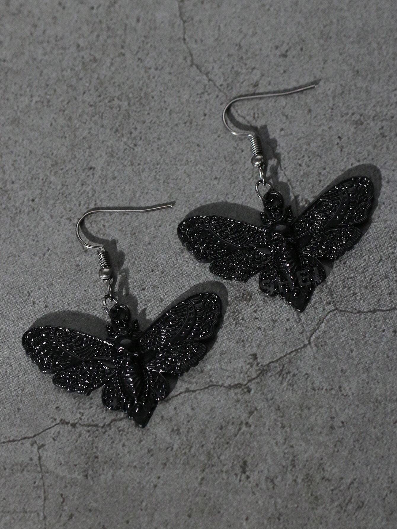 Vintage Gothic Black Moth & Skull Head Pendant Earrings