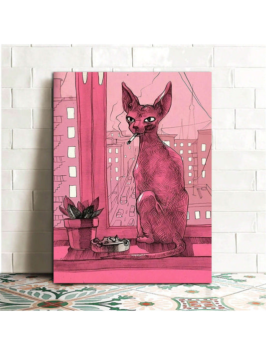 A Drawing Of A Cat On A Window Ledge In Front Of A City - Canvas Art