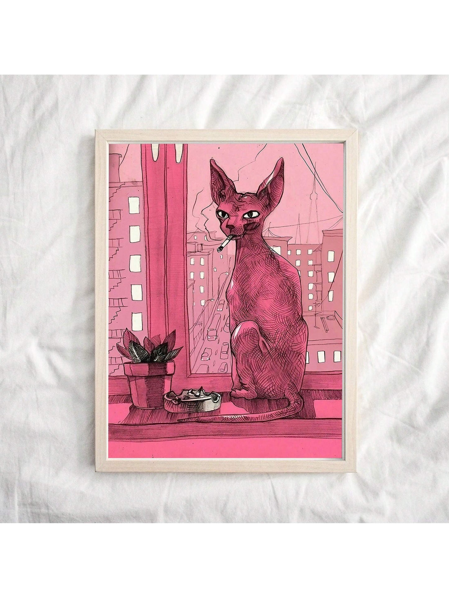 A Drawing Of A Cat On A Window Ledge In Front Of A City - Canvas Art
