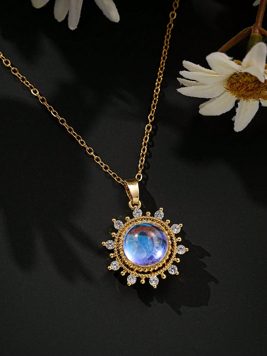 Crystal Sunflower Pendant Necklace Imitation Moonstone (Polar Lights Glass) Necklace