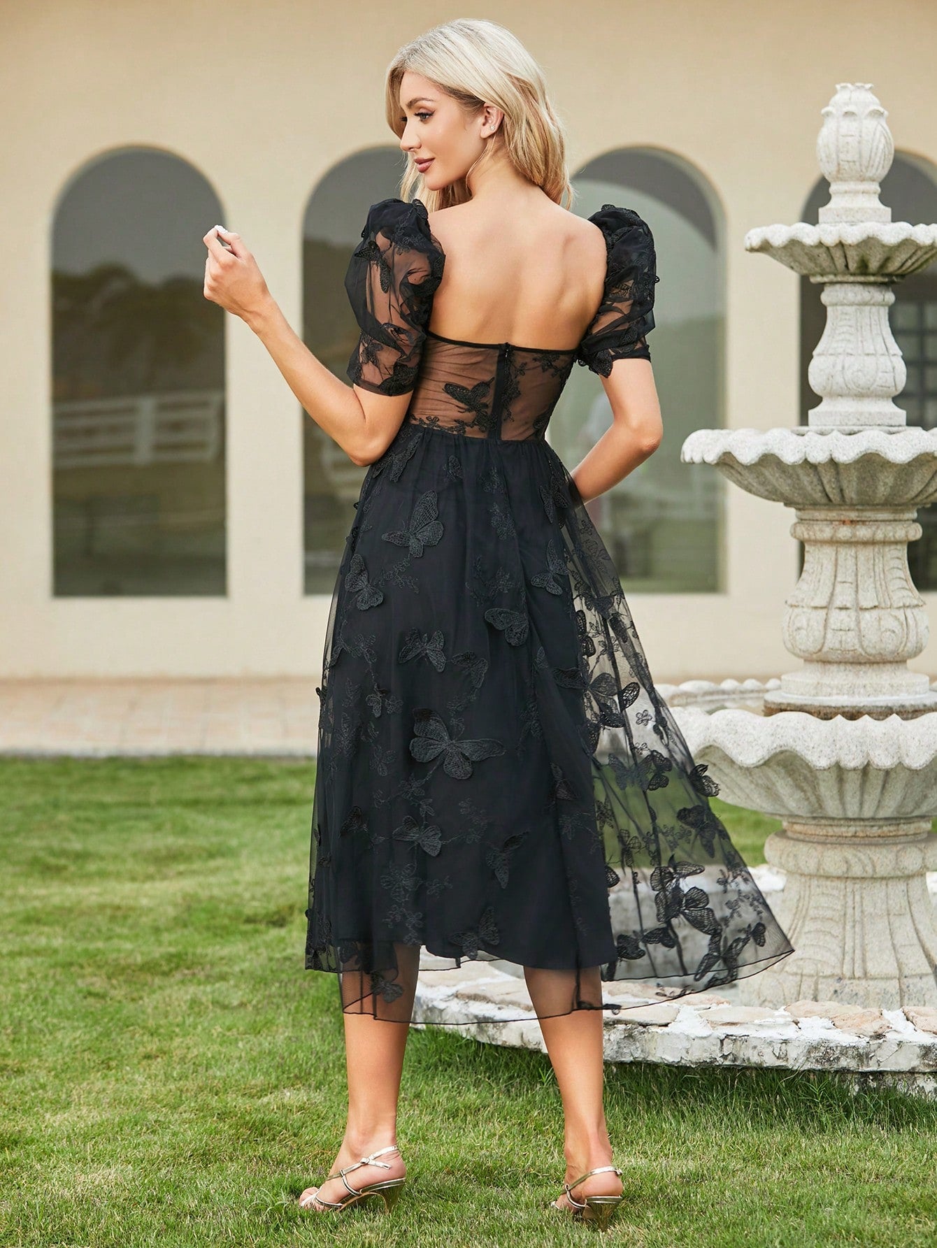 Classy Bubble Sleeves Dress With 3D Butterfly, Jewel Neckline, Cinched Waist And Side Split