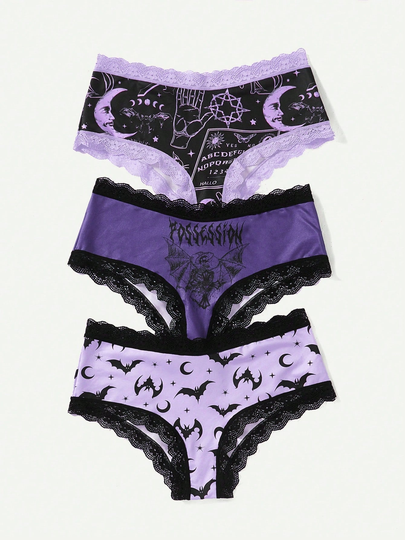 Goth Women's Bat Star And Moon Printed Lace-Trimmed Triangle Panties