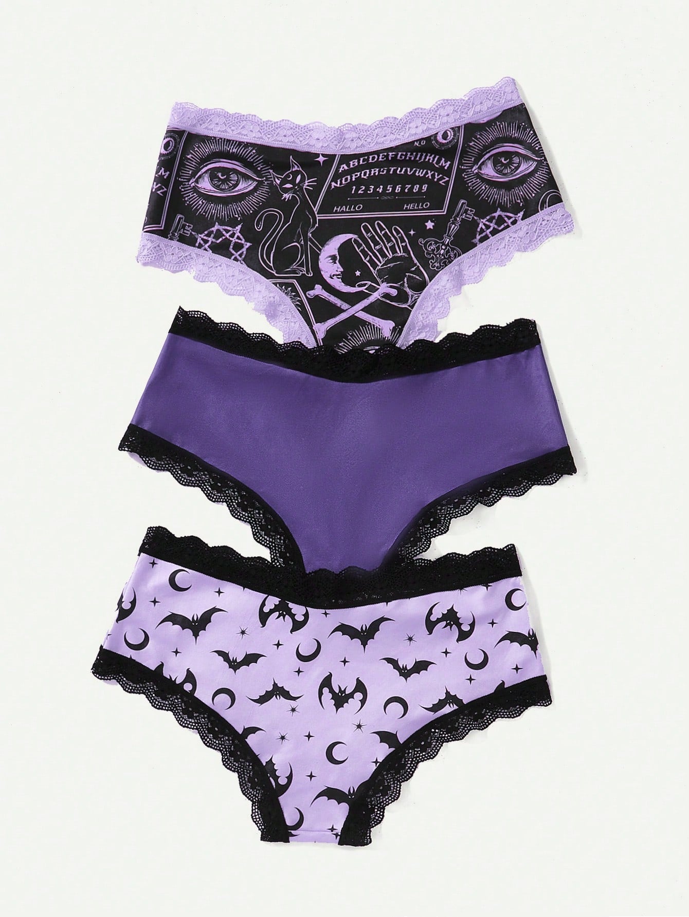 Goth Women's Bat Star And Moon Printed Lace-Trimmed Triangle Panties