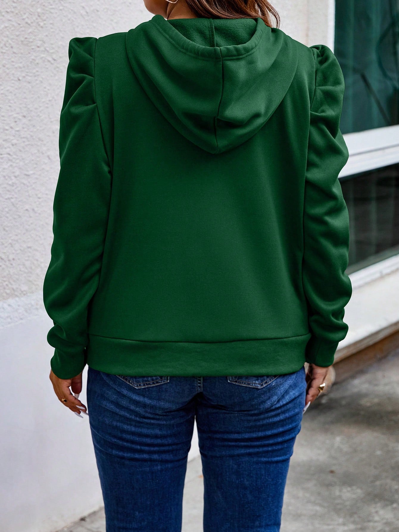 Plus Size Puff Sleeve Drawstring Hooded Sweatshirt