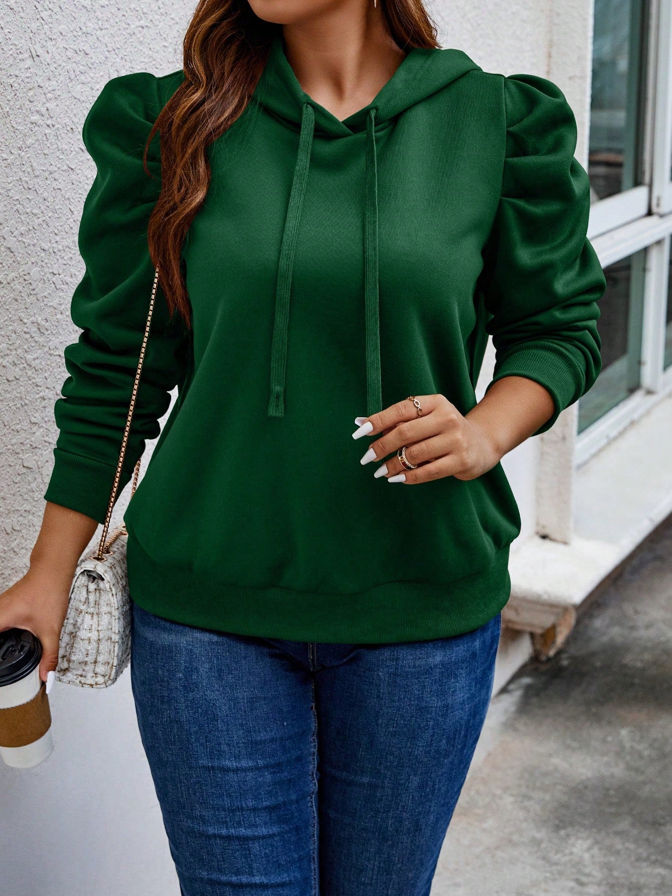 Plus Size Puff Sleeve Drawstring Hooded Sweatshirt