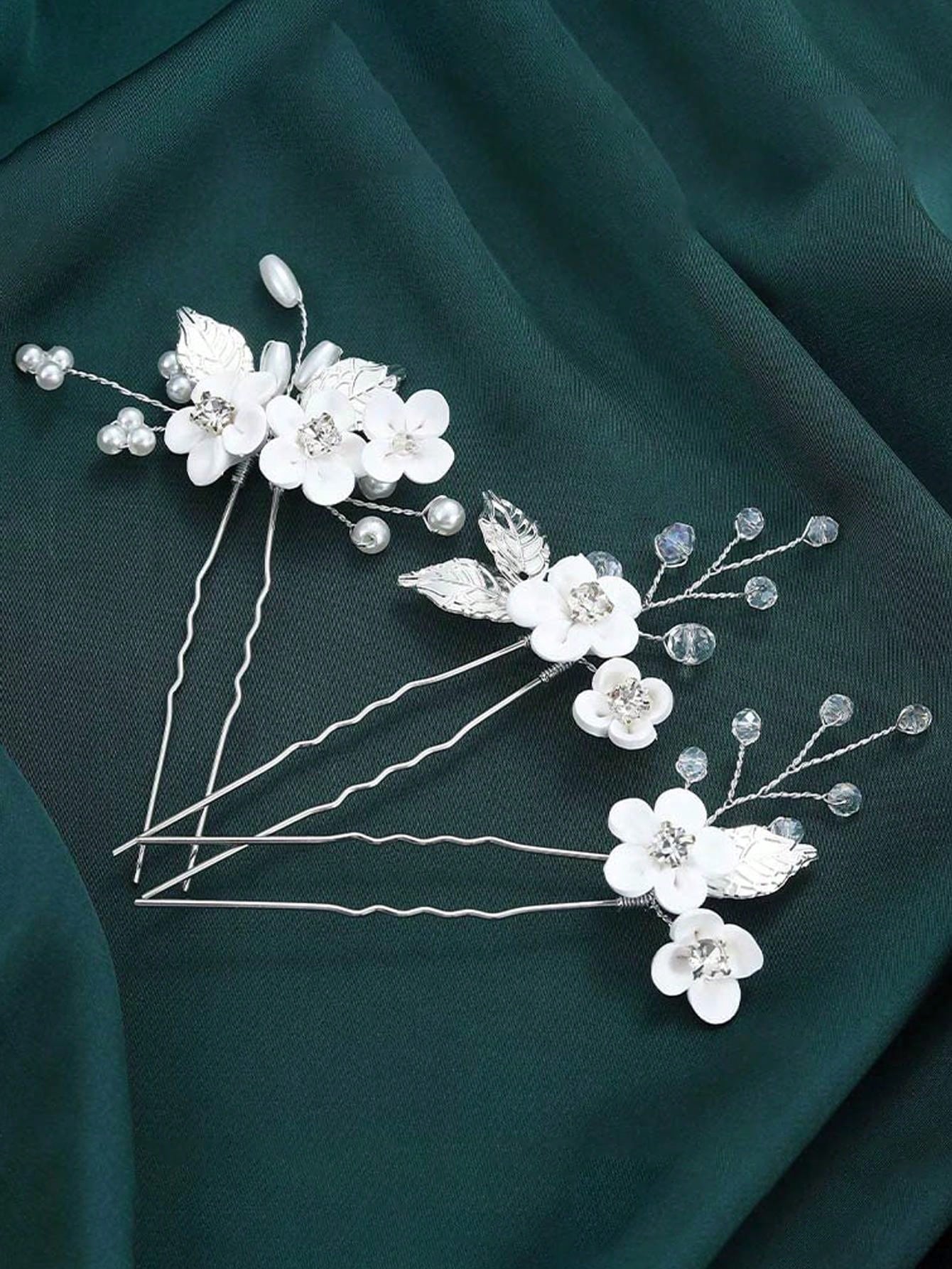 3-Pack Hair Comb With Crystal Bead, Pearl & Flower