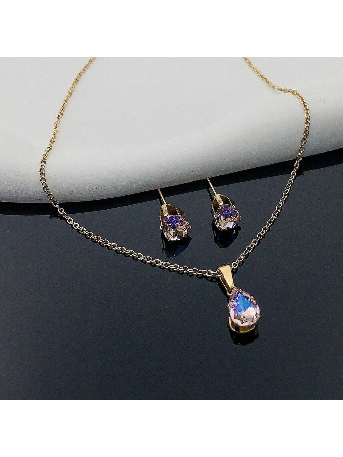 3pcs/Set Gold-Tone Stainless Steel Waterdrop Cubic Zirconia Pendant Necklace And Stud Earrings Set