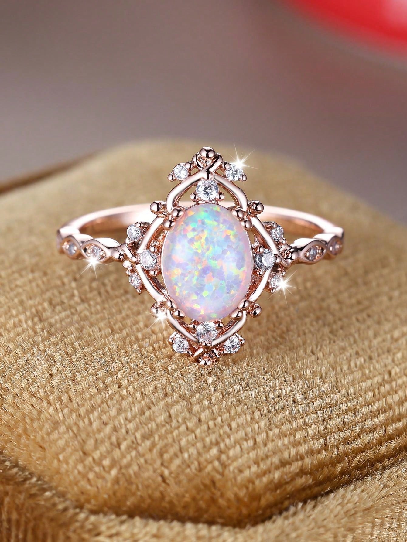 White-Created Opal Ring With Rose Gold Plating