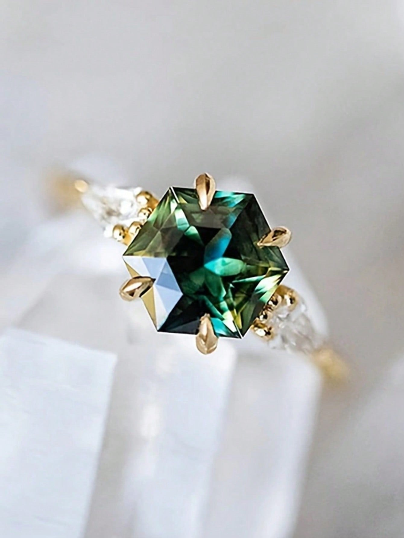 Gold Six Claw Geometric Olive Green Gemstone Ring For Women