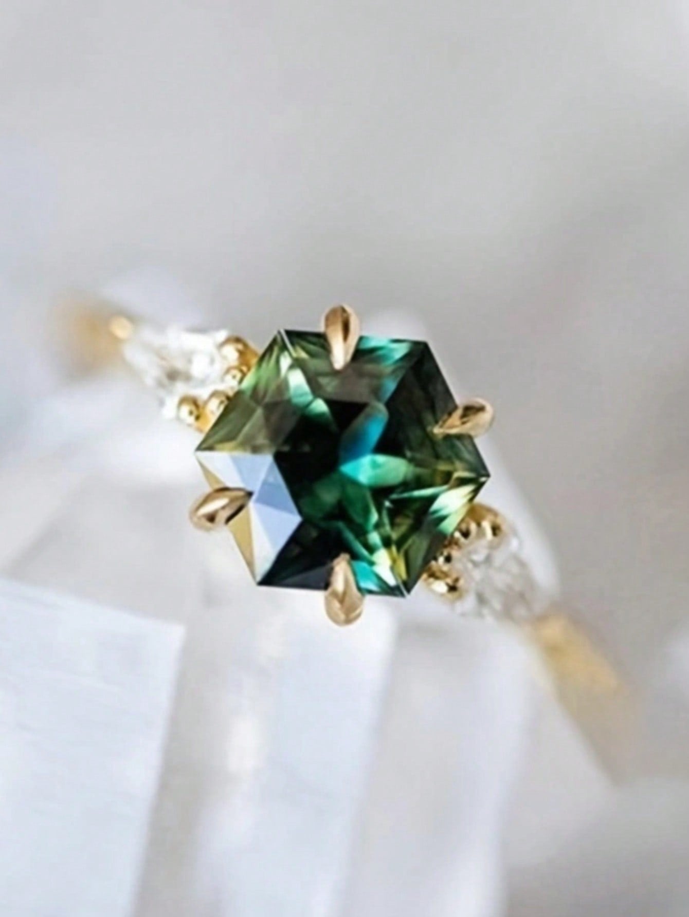 Gold Six Claw Geometric Olive Green Gemstone Ring For Women