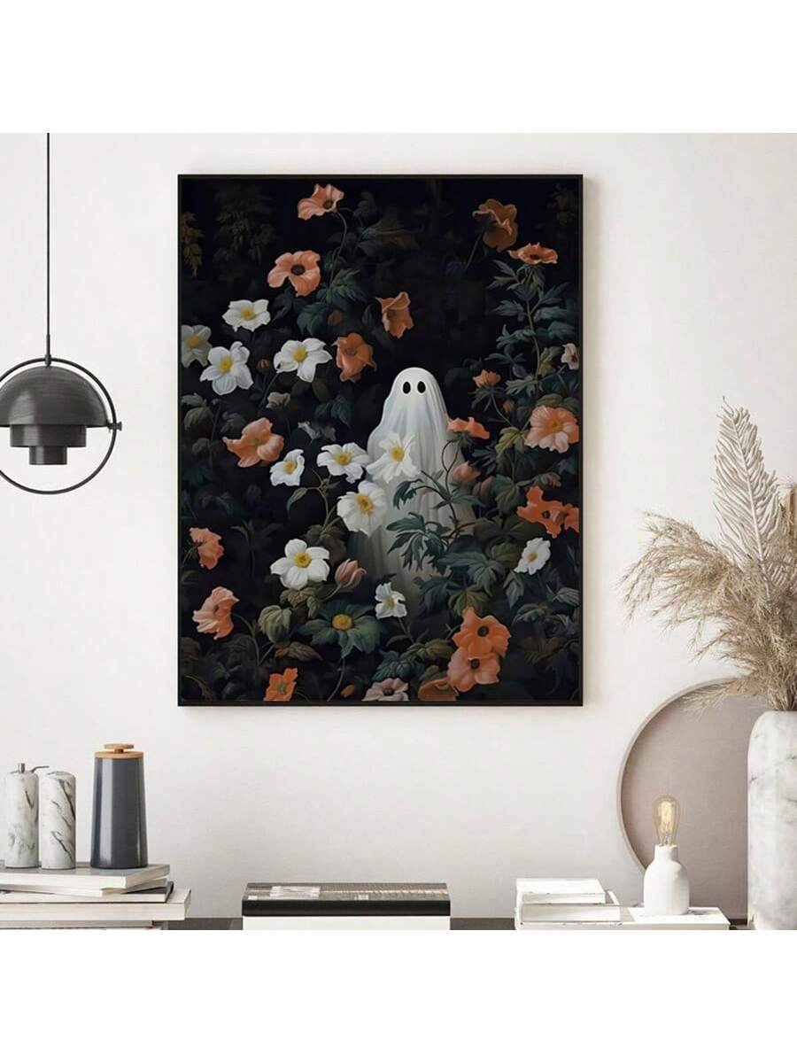 White Ghost Among Flowers Canvas Painting Wall Art