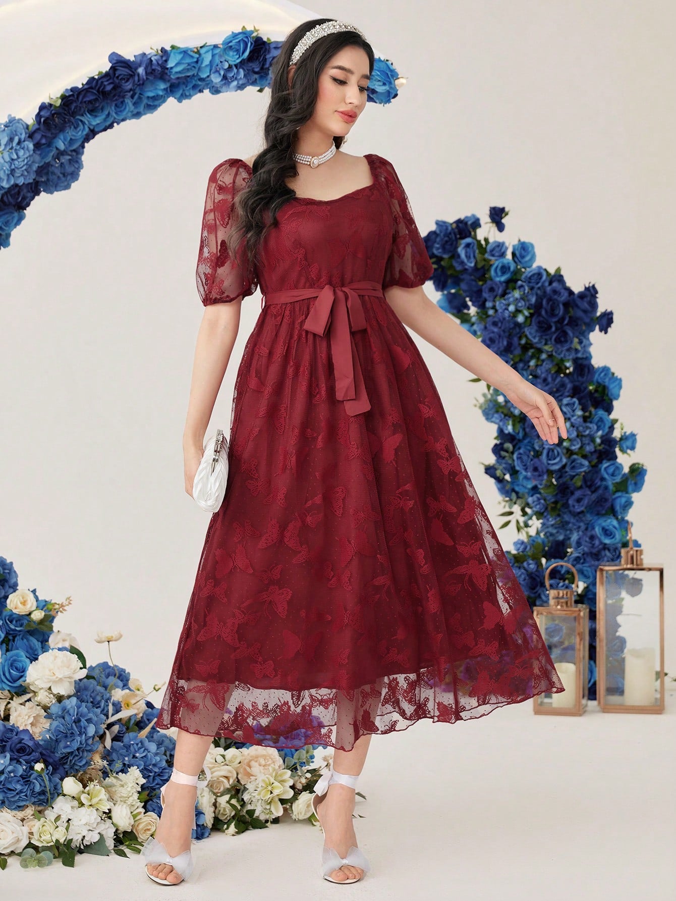 Heart Fluttering Like A Butterfly Embroidered Bubble Sleeve Square Neck Dress