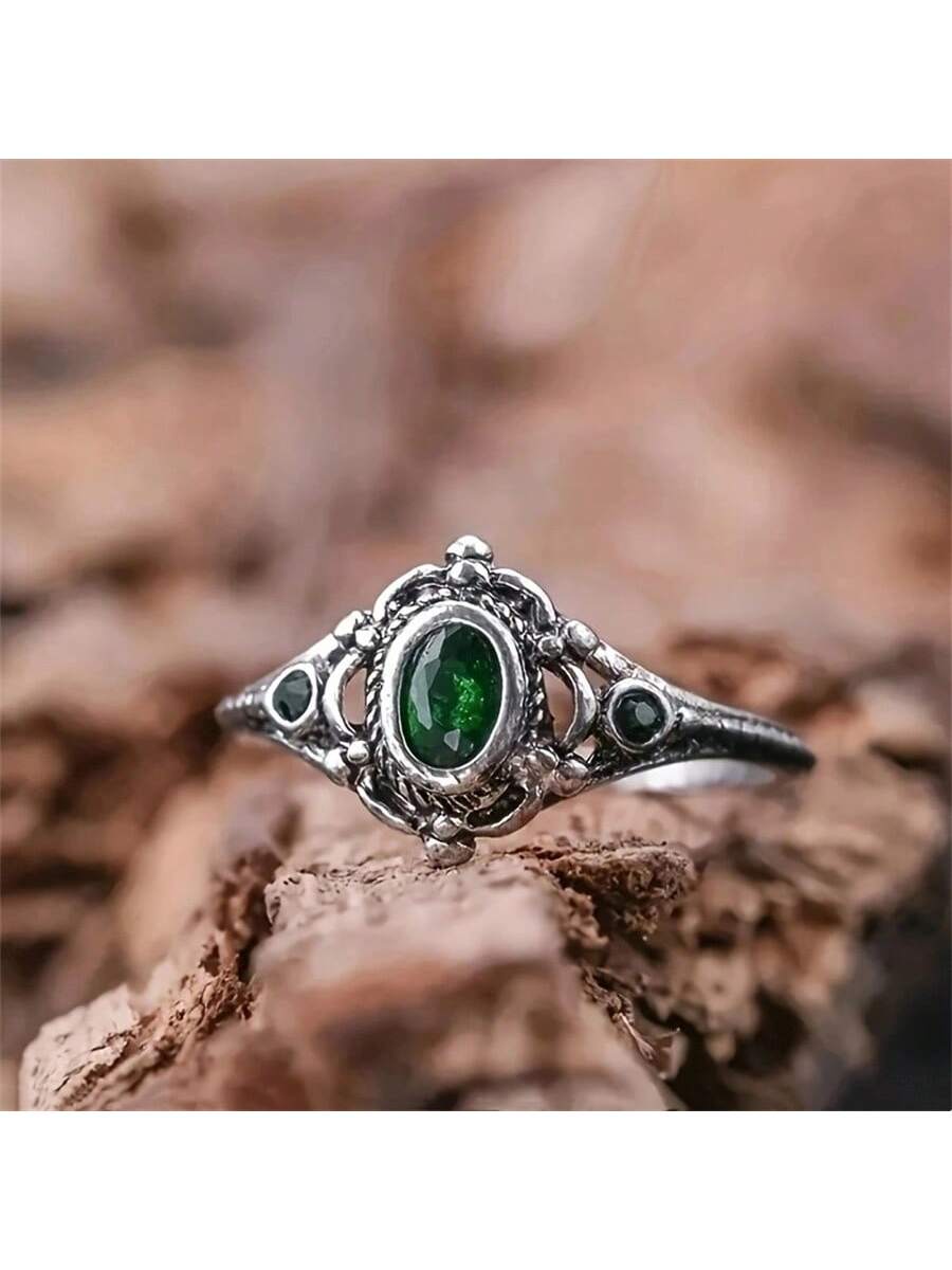 Vintage Green Rhinestone Inlaid Silver-Color Ring