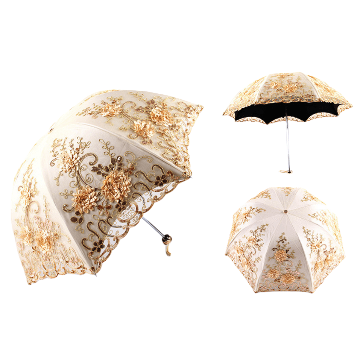 Vintage Lace UV Sun Parasol Folding 3D Flower Embroidery Umbrella