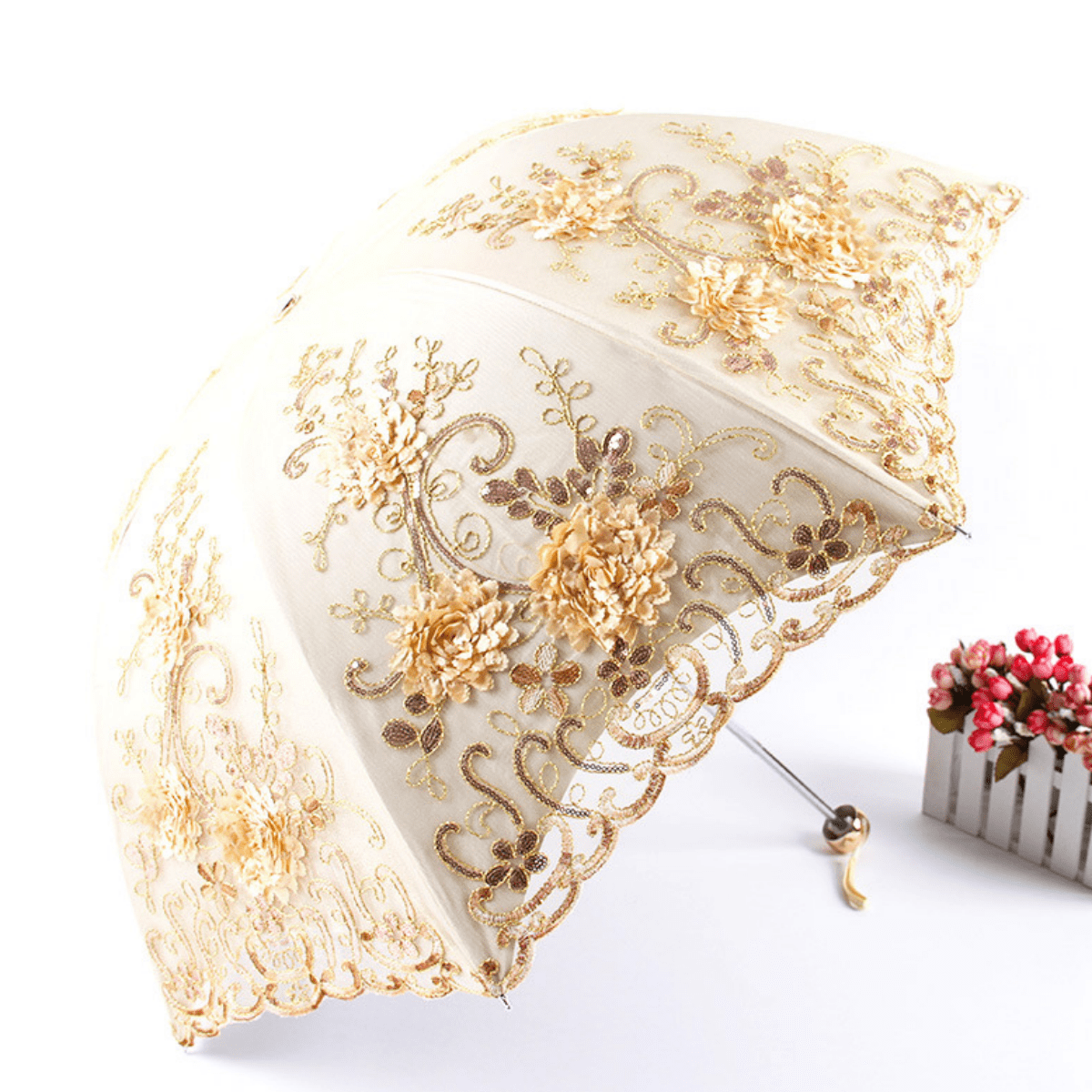 Vintage Lace UV Sun Parasol Folding 3D Flower Embroidery Umbrella