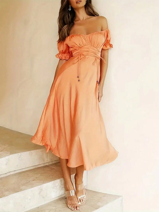 Never Tired Of Citrus Pleated Off Shoulder Short Sleeve Dress