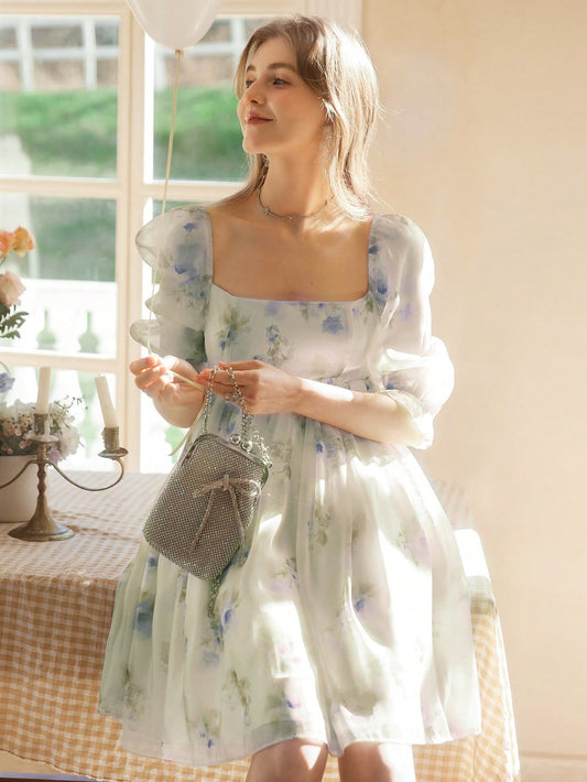 Wearing Welth Floral Print Square Neck Short Puff Sleeve Bubble Dress