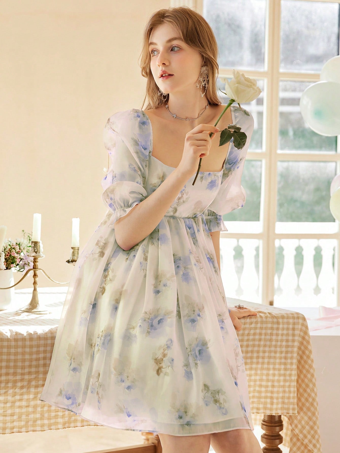 Wearing Welth Floral Print Square Neck Short Puff Sleeve Bubble Dress