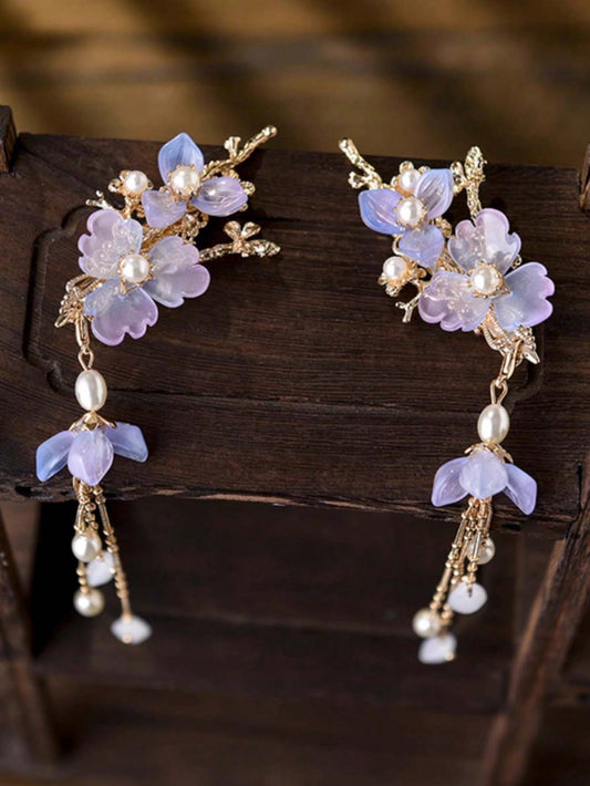 Handmade Hair Clip With Faux Pearl & Silk Flower, Purple Tassel, Vintage