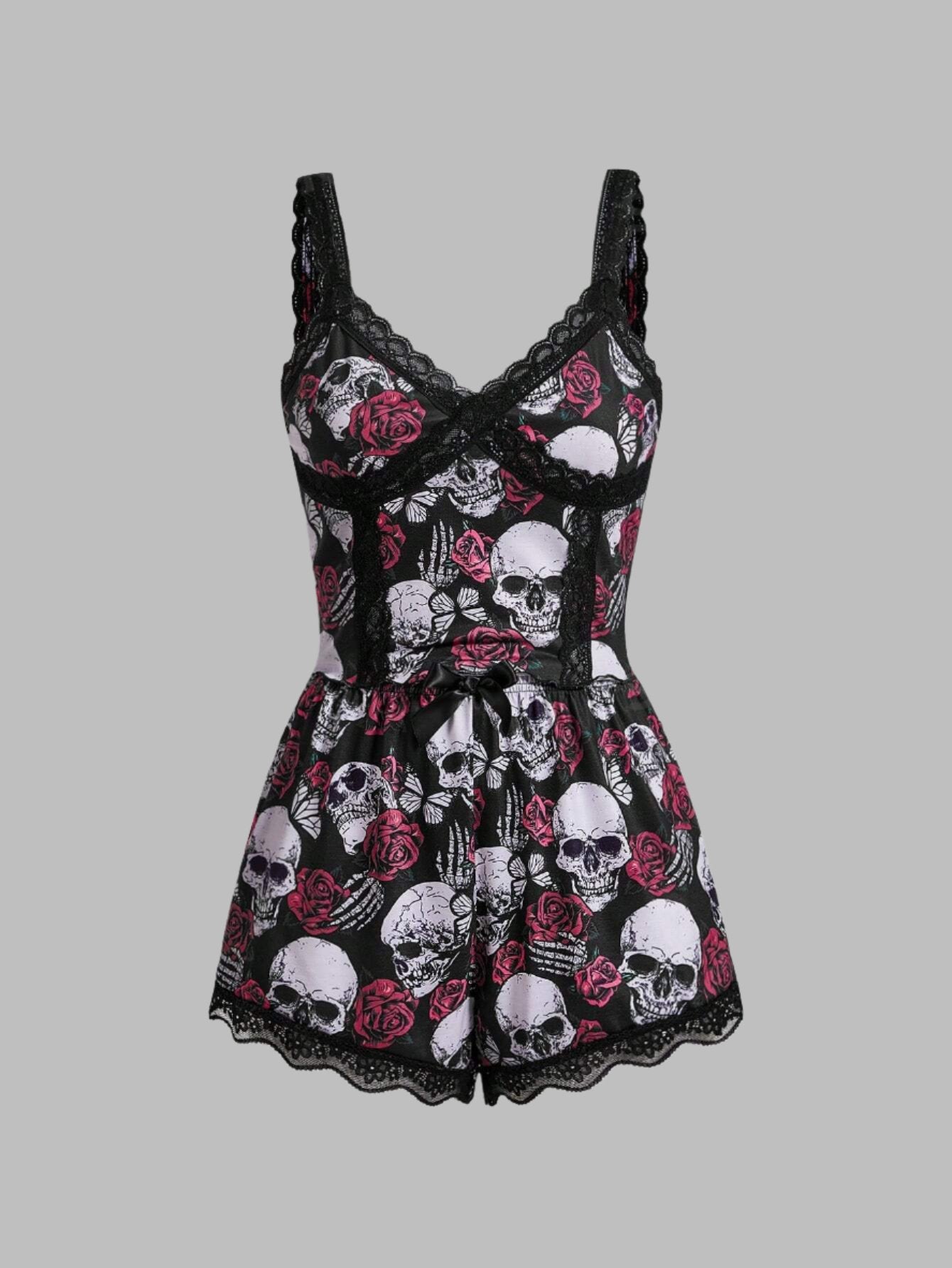 Dark Goth Skull & Butterfly & Rose Lace Trim Cami & Shorts Pajamas Set