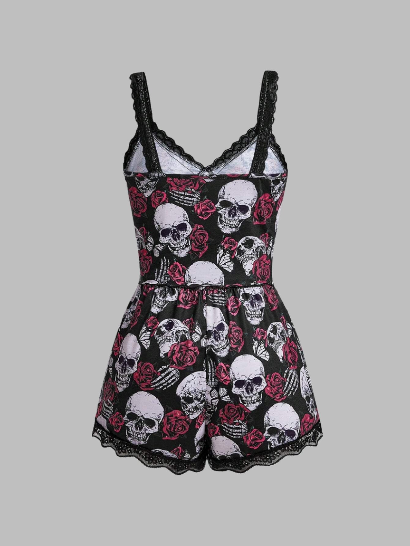 Dark Goth Skull & Butterfly & Rose Lace Trim Cami & Shorts Pajamas Set