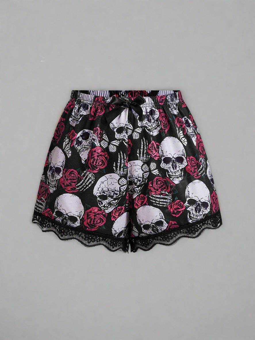 Dark Goth Skull & Butterfly & Rose Lace Trim Cami & Shorts Pajamas Set