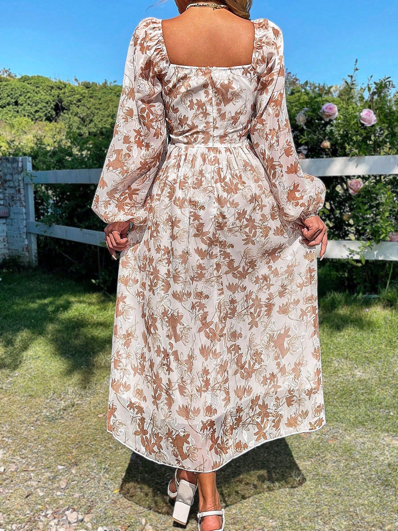 Pardon Me Chiffon Flower Print Dress With Ruched Bust And Romantic Long Lantern Sleeves