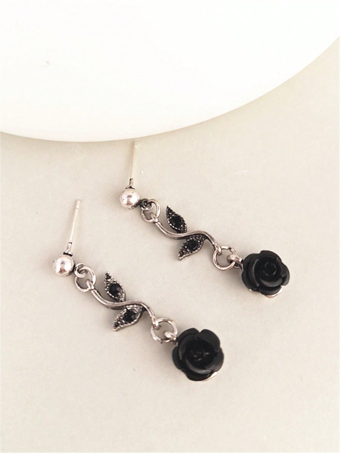 Black Rose Flower & Leaf Stud Earrings