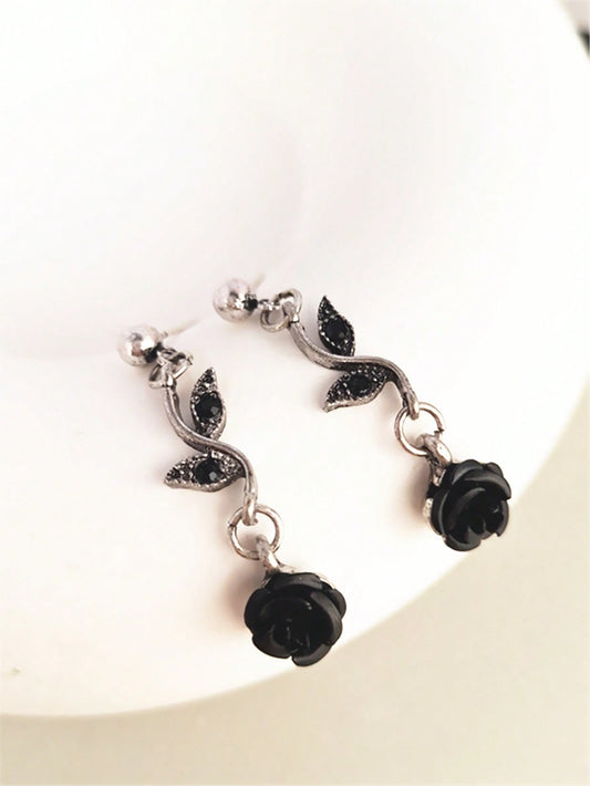 Black Rose Flower & Leaf Stud Earrings