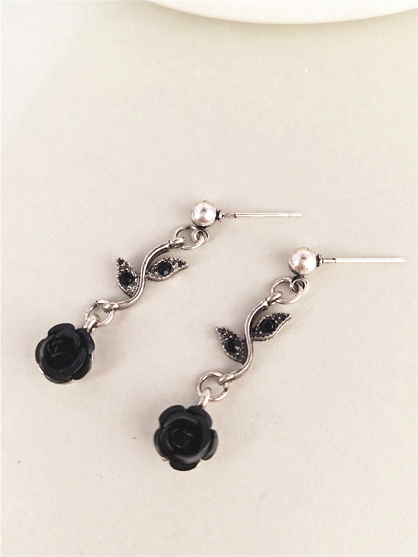 Black Rose Flower & Leaf Stud Earrings