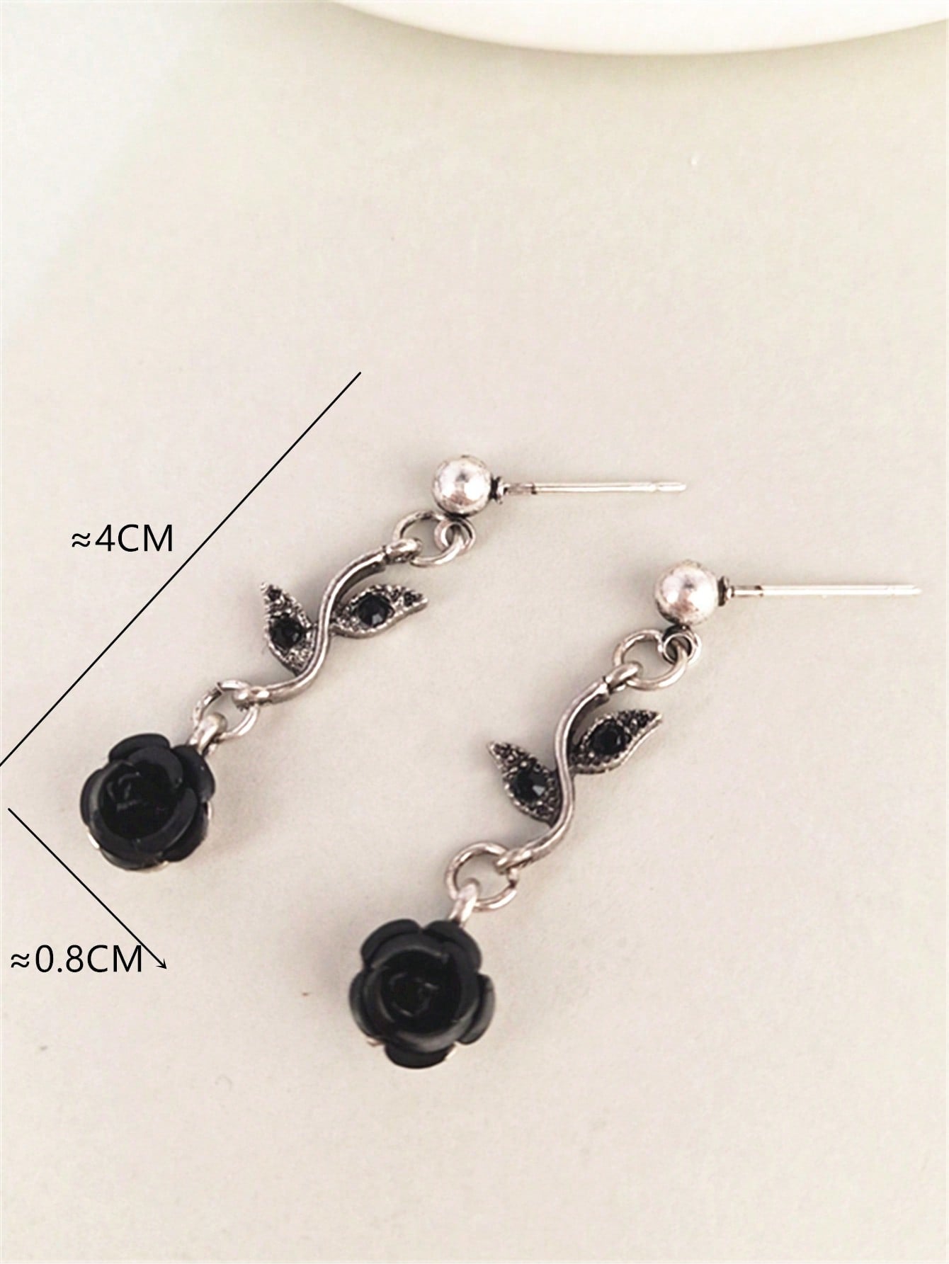 Black Rose Flower & Leaf Stud Earrings