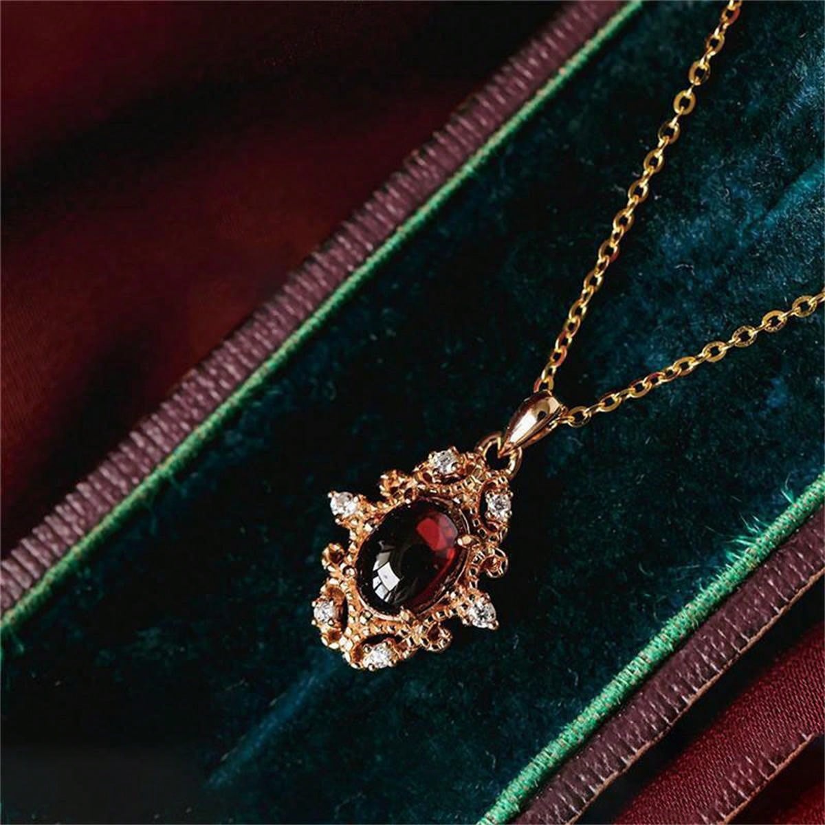 Palace Style Fine Workmanship Inlaid Carnelian Vintage Necklace, Women Collarbone Chain