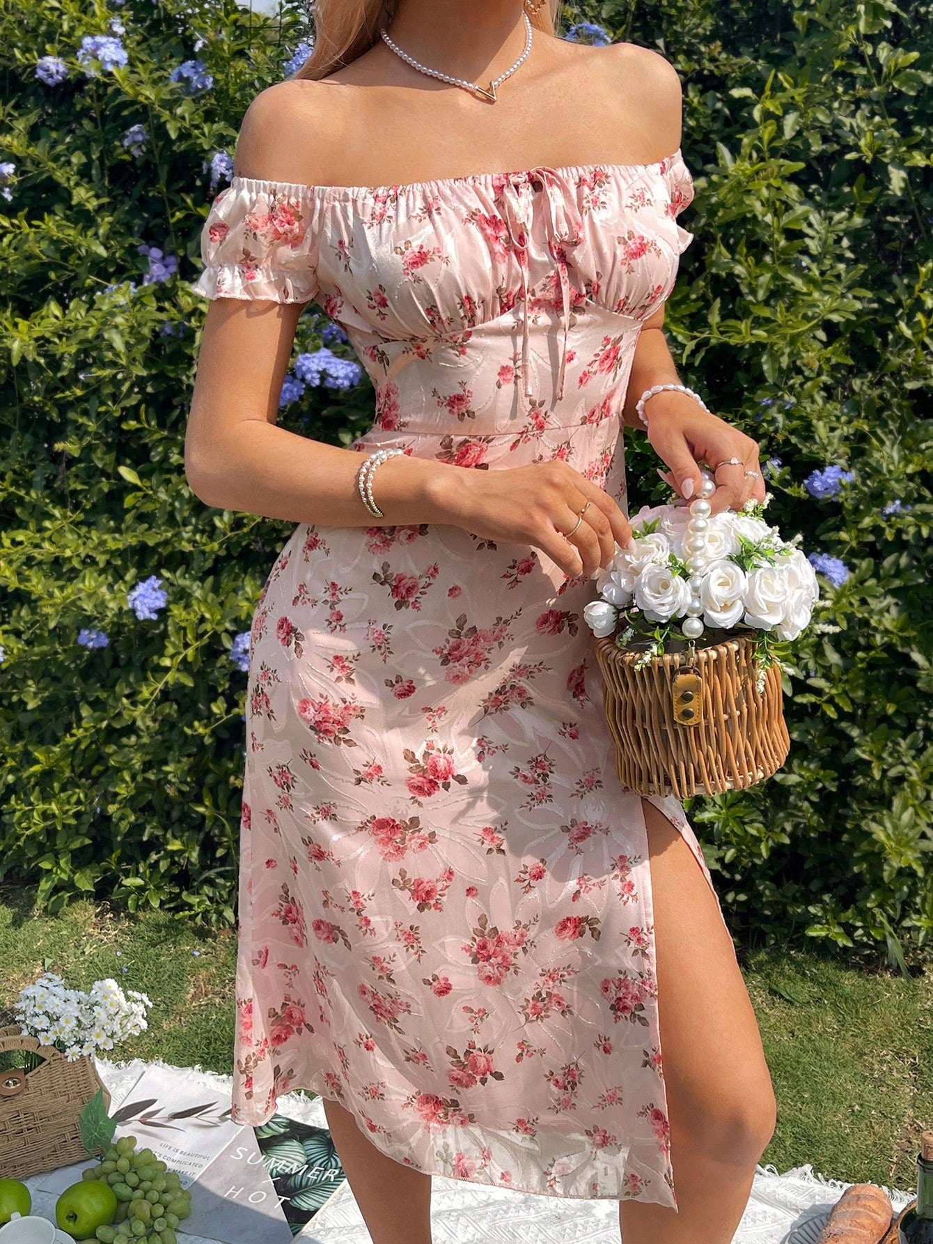Sassy Softness Floral Chiffon Off Shoulder Waist-Cinched Slit Romantic Dress