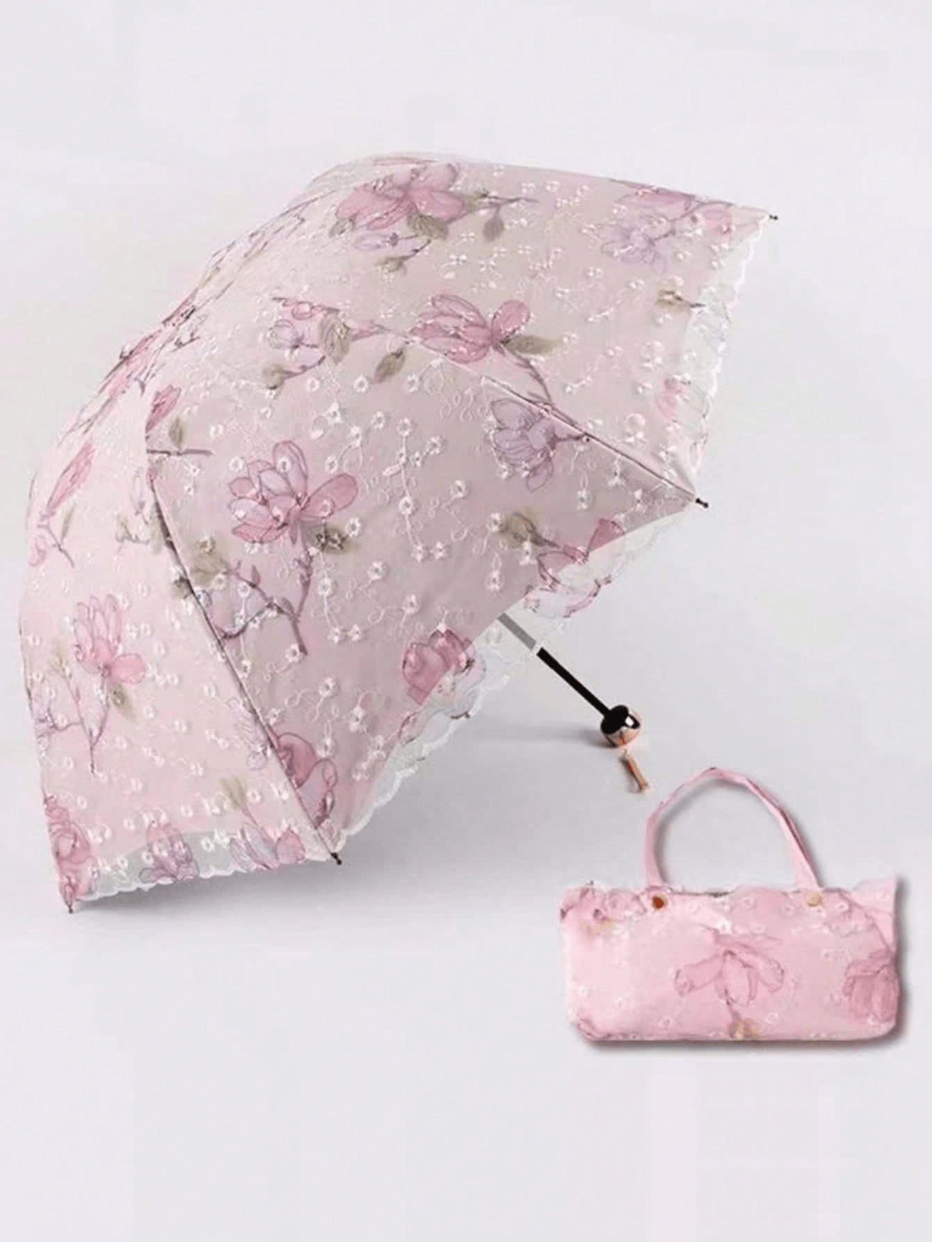 Two-Fold Small Parasol With Wooden Handle