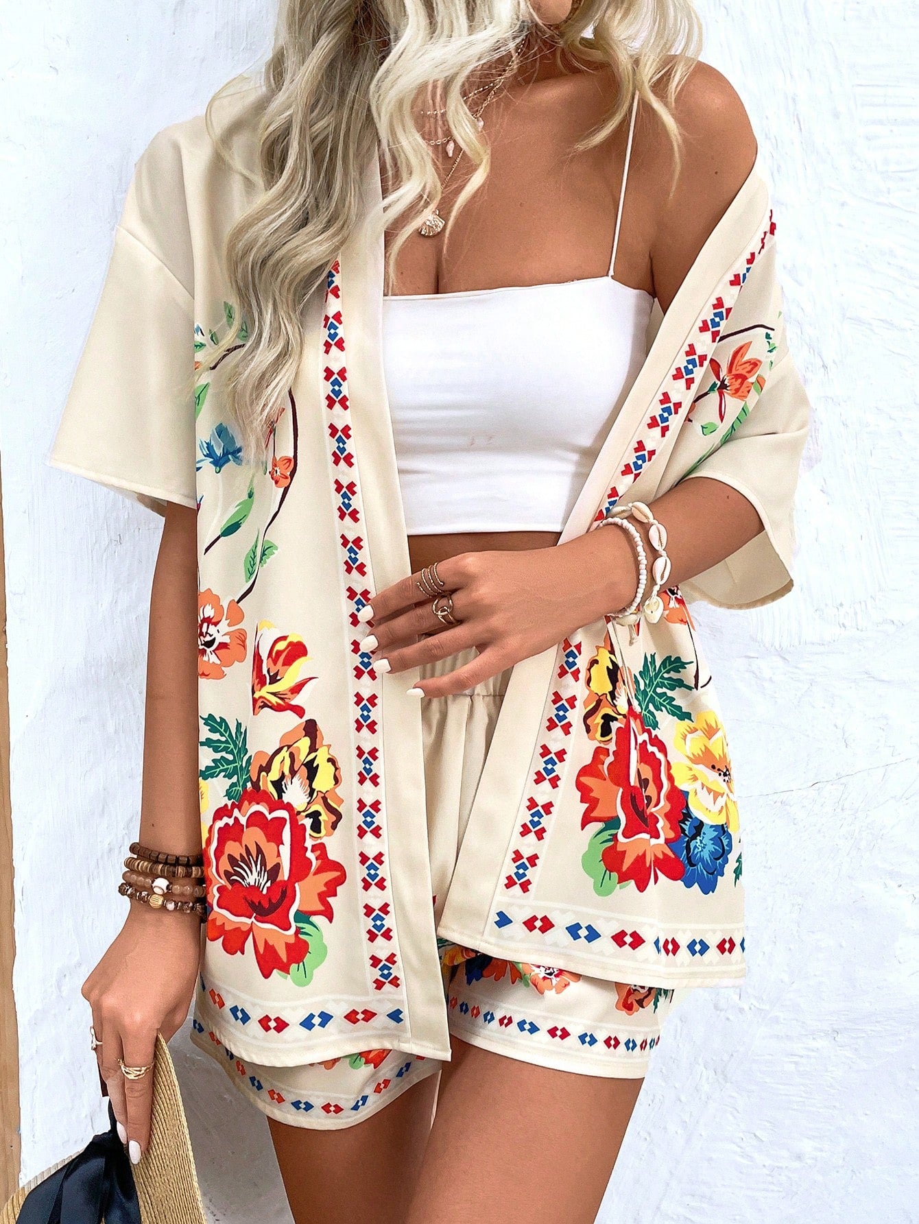 Complete Comfort Floral Print Open-Front Short Sleeve Top And Shorts Two-Piece Set